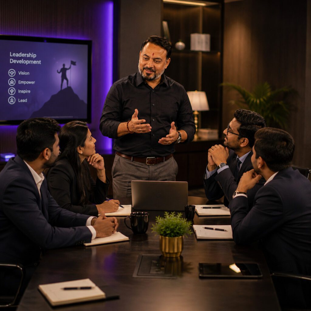 Ravindra Vishwakarma leading a leadership development training workshop for business leaders and professionals in a modern conference room.